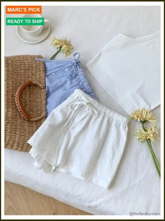 2 Pack Linen Shorts Striped Gingham Summer Beach Pajama Boxer - Picture 5 of 7